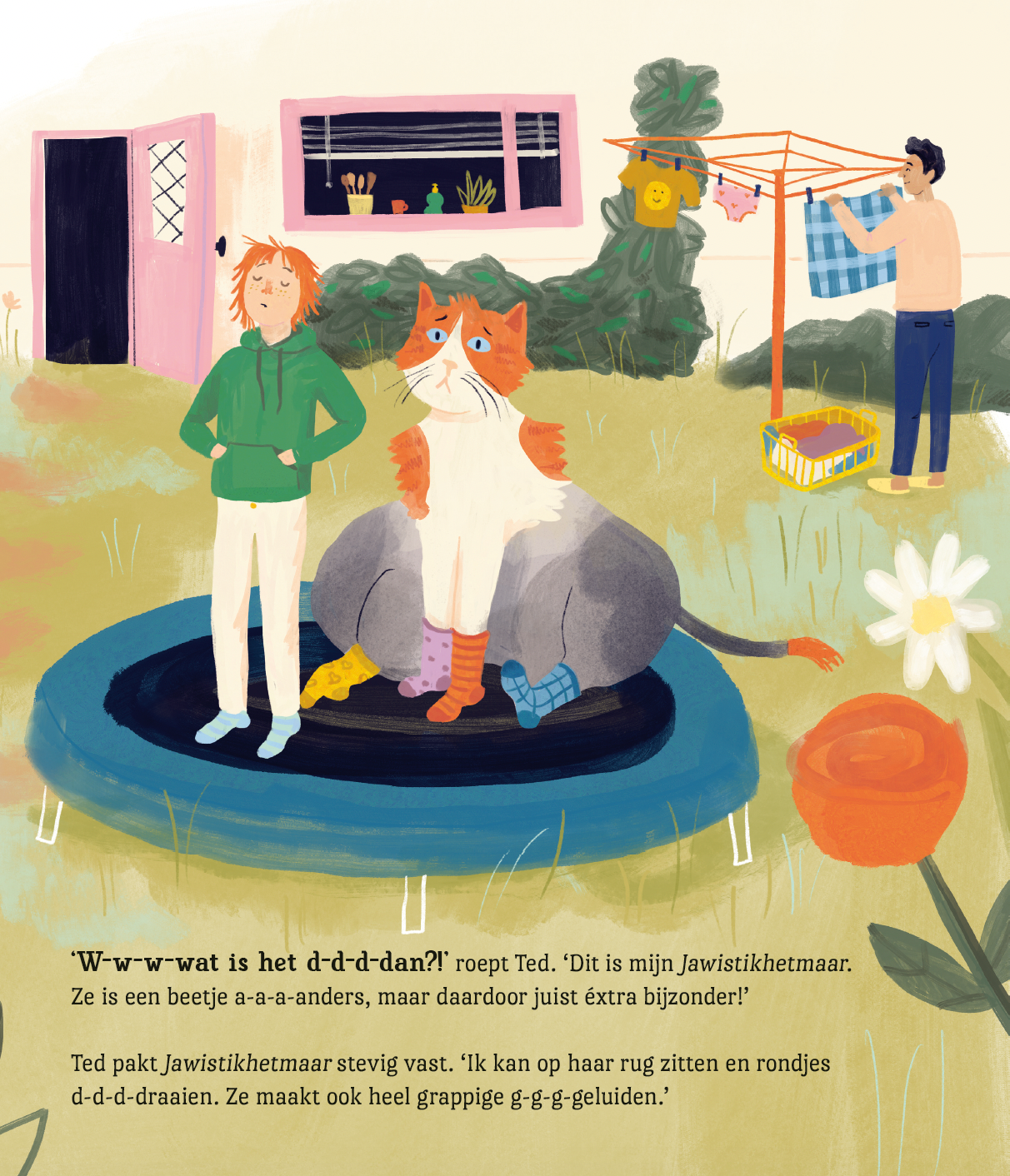 Binnenpagina uit Poezel, trampoline, waslijn, vader