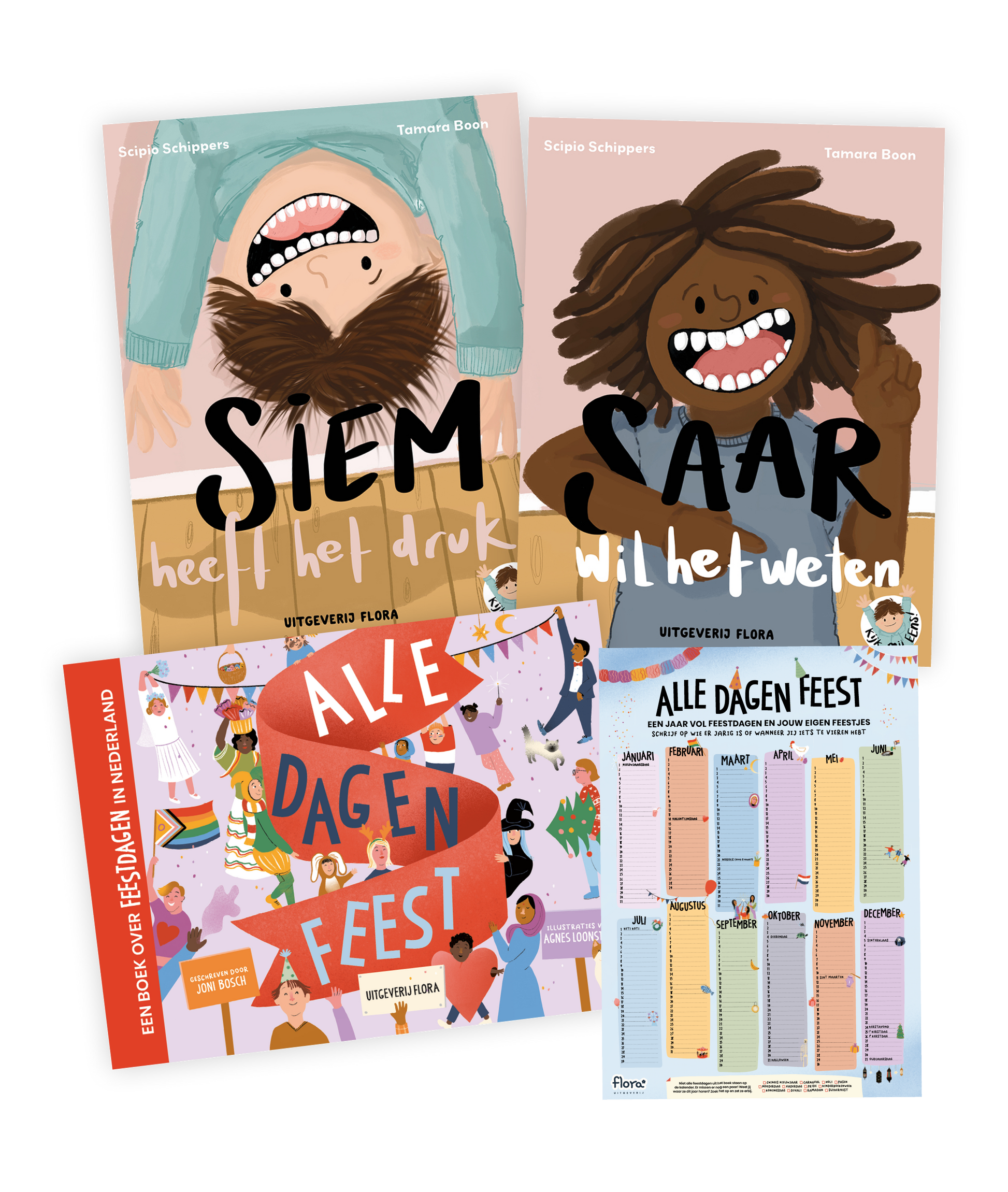 Boekomslagen van Alle Dagen Feest, Siem heeft het druk en Saar wil het weten, met de Alle Dagen Feest poster